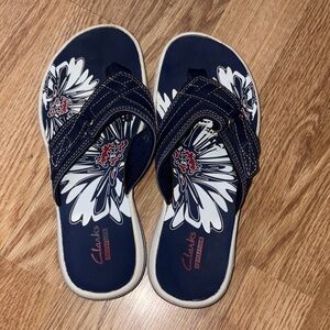 Clarks Navy White Floral Slip-On Women's Sandals